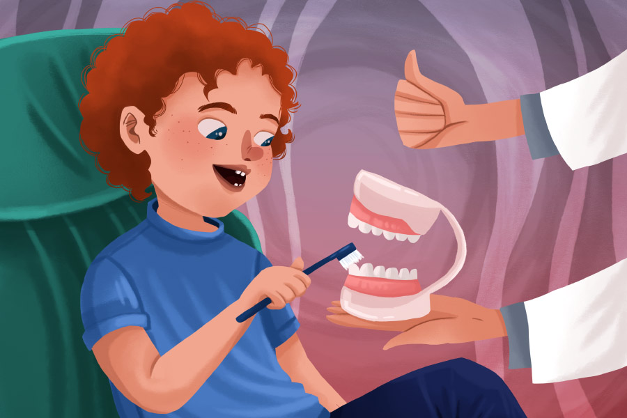 Cartoon of a child learning their brush their teeth at the pediatric dentist in Austin, TX