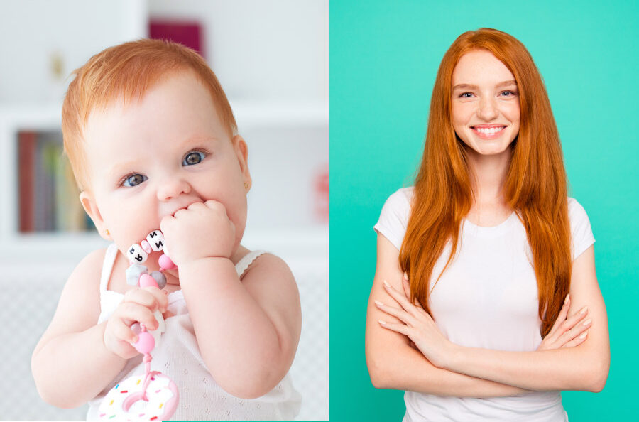 A red-headed teething baby next to a red-headed teenager girl showing the age range pediatric dentists see