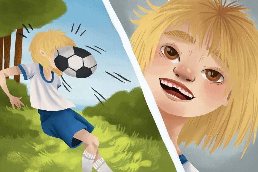 Drawing of a blonde girl with chipped front teeth after getting hit in the face with a soccer ball