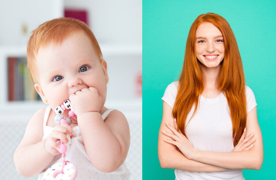 A red-headed baby girl chewing on a teether toy next to a smiling red-headed teenage girl with her arms folded