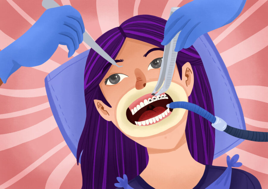 Graphic illustration of a young girl having braces put on her teeth.